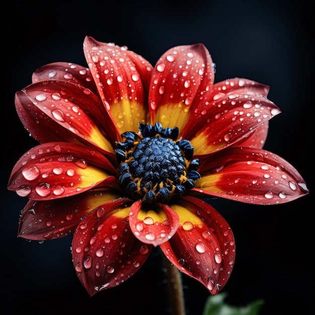 Red flower with water drops isolated on black background Flowering flowers a symbol of spring new life