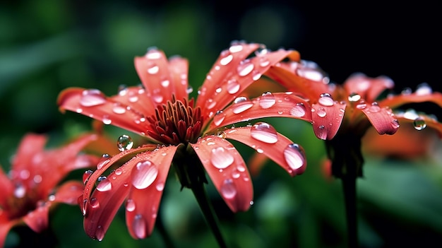 Red flower with water drops on petals and green leaves background
