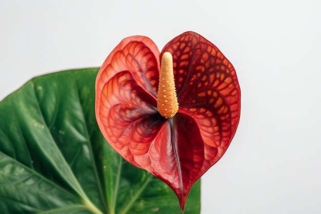 A red flower with a yellow center and a green leaf on the left side.