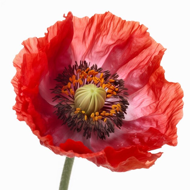 A red flower with a yellow center and a white background.