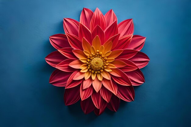 A red flower with yellow petals on a blue background