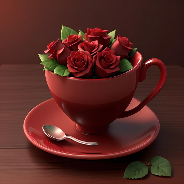 Photo a red flowerdecorated coffee cup surrounded by vases in different roses colors