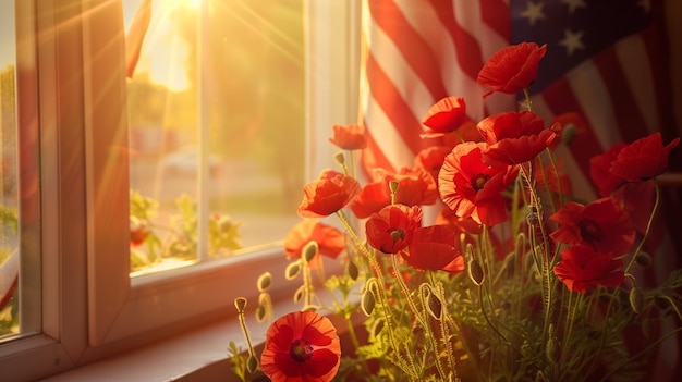 Photo red flowers and american flag on window sill