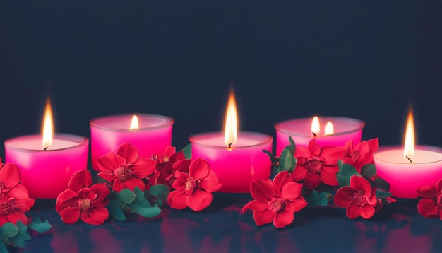 Red flowers and candles with a dark background