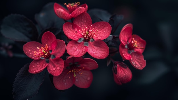 Red flowers and crabapple blossoms on a dark background in the style of macro photography