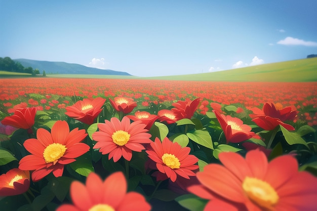 Red flowers in a field with a blue sky and mountains in the background.