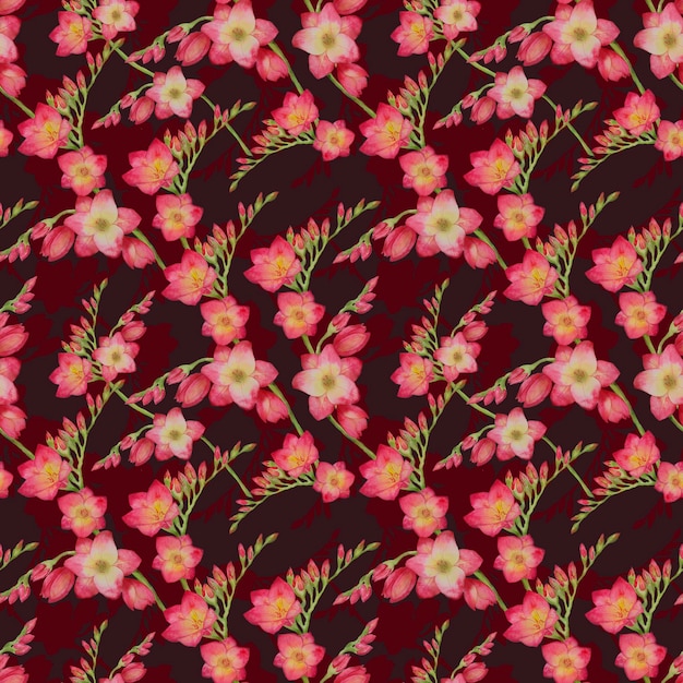 Photo red flowers freesia on a red background seamless tropic pattern watercolor