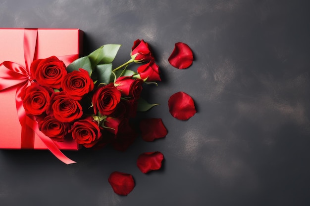 Red flowers and gift box on dark gray background Copy space Mothers Day Generative AI