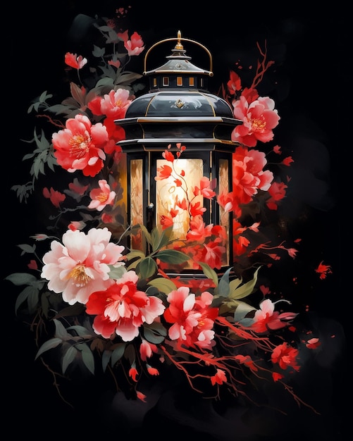 Red Flowers and Lantern on Black