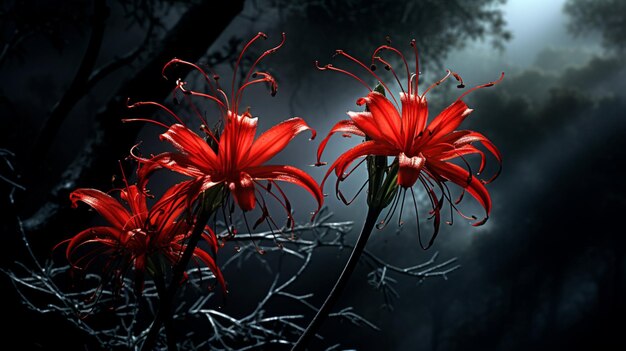 red flowers in the night a full moon illustration