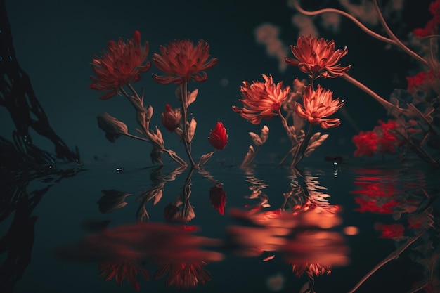 Red flowers reflected in water Illustration AI Generative