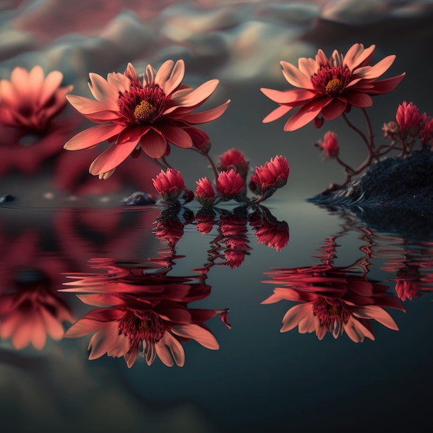 Red flowers reflected in water Illustration AI Generative