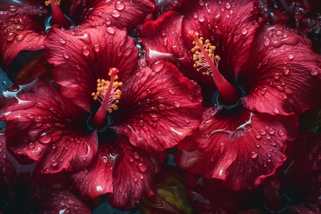 Red flowers with water drops on the petals