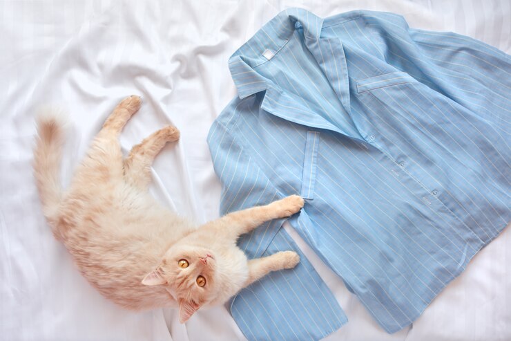パジャマを着てベッドに横たわっている赤いふわふわ猫。