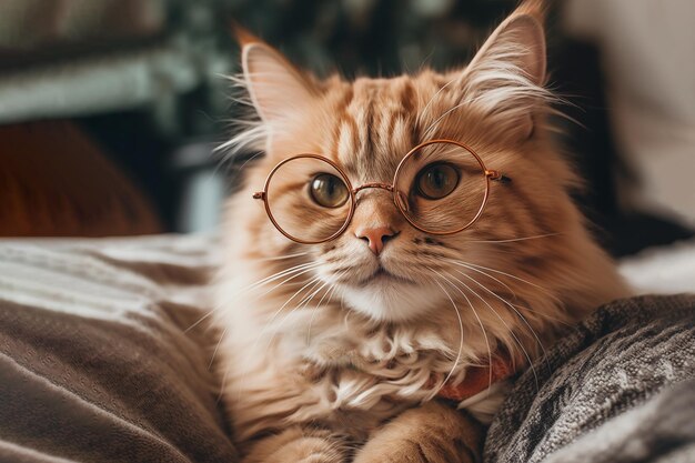 A red fluffy cat in round glasses looks at the camera on a blurred background of the interior of a modern apartment Online courses online distance learning concept Smart intelligent cat