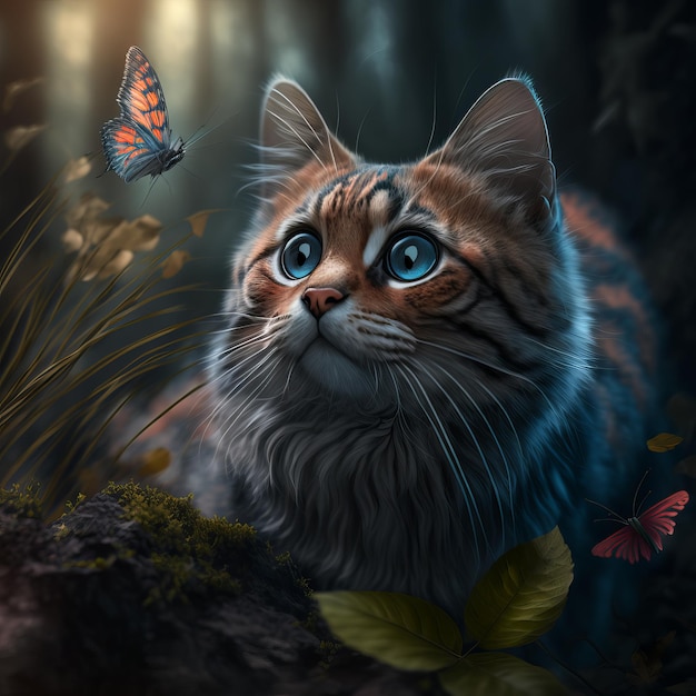 Red fluffy cat watches a flying orange butterfly in the forest