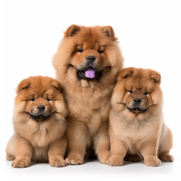 red fluffy chowchow breed dog with puppies isolated on white cute pets