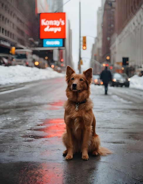 Red fluffy dog in heavy snowy new york city street sitting