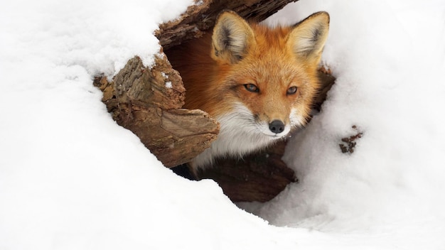 Red fluffy fox in a burrow in winter