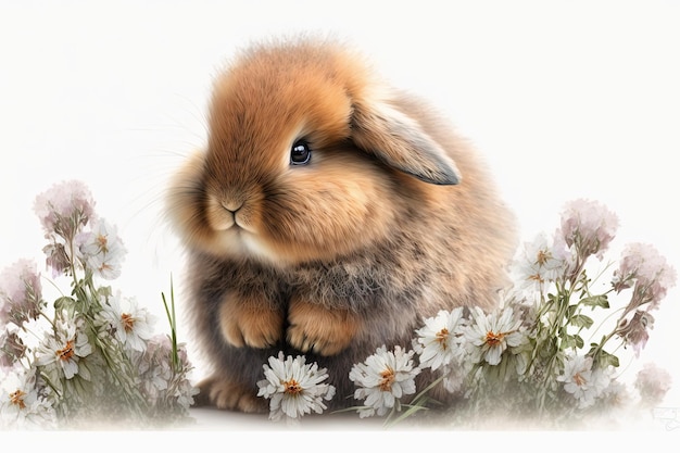 Red fluffy rabbit sits in daisies Fluffy rabbit on a white background