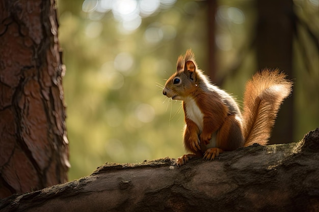 Red fluffy squirrel on a tree Generative AI