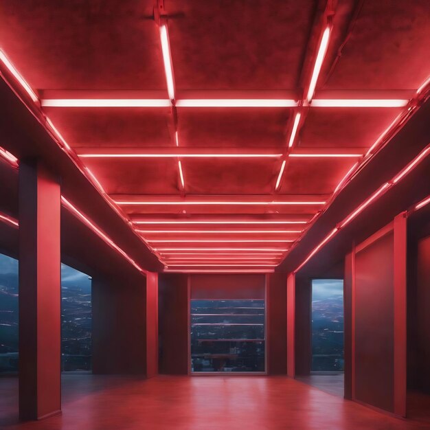 Red fluorescent lamp hanging from the ceiling