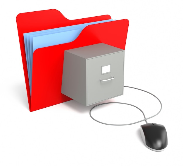 Red Folder with File Cabinet with Computer Mouse. Isolated White Background. 3D Rendering