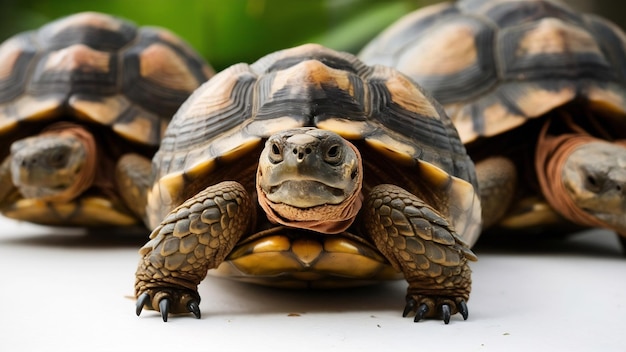 Red footed tortoises 2 years old chelonoidis carbonaria in front of a white surface