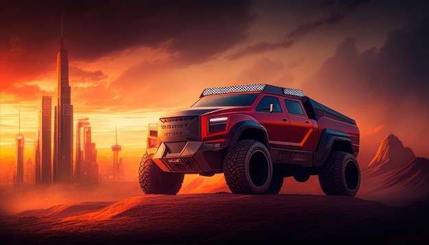 A red ford f 150 truck is in the desert at sunset