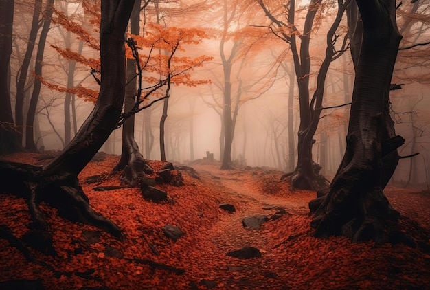 a red forest in a foggy environment in the style of light orange and brown