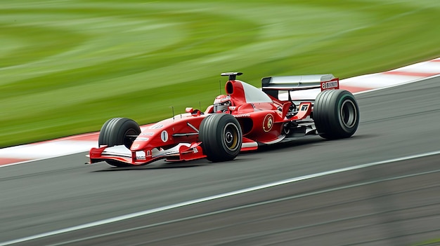 a red formula 1 race car is speeding down a track the car is blurred showing the speed at which the car is traveling