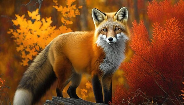 A red fox among the changing leaves of autumn