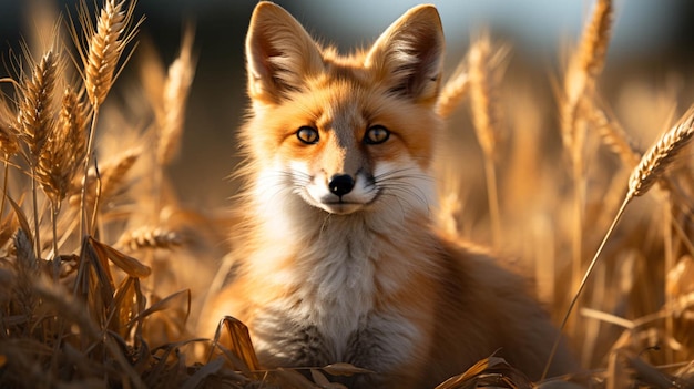 A red fox in a field of tall grass blur background