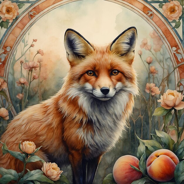 Red fox illustratie met elementen van nouveau stijl