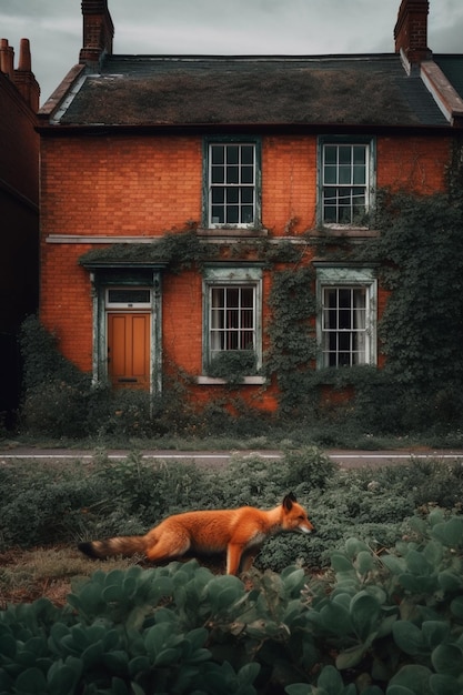 A red fox is laying in the grass in front of a house.