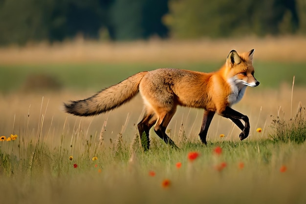 Photo a red fox is walking through a field of poppies.