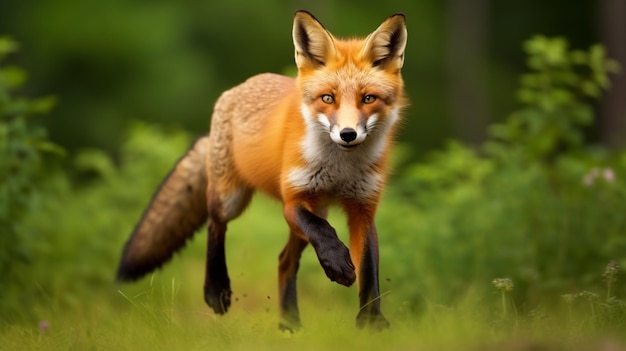 Red Fox jump hunting Vulpes vulpes wildlife scene from Europe Orange fur coat animal