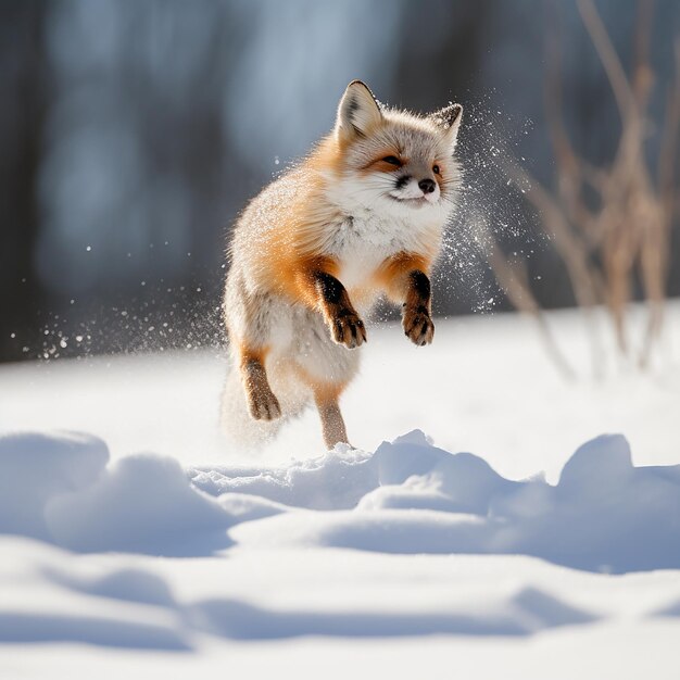 Red fox jumping in the winter forest Beautiful animal in nature