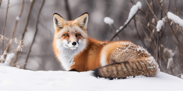 A red fox laying in the snow with the snow on the ground