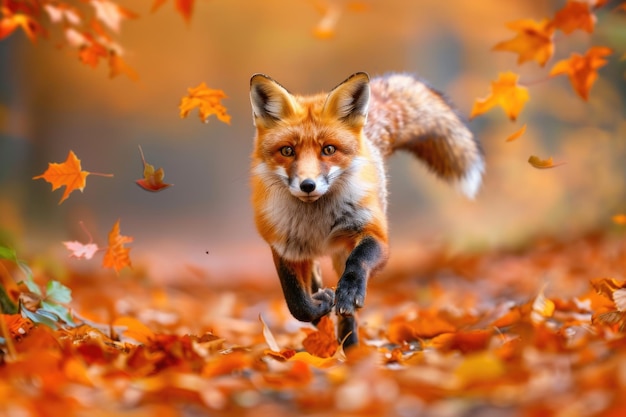 Foto la volpe rossa che corre in autunno lascia la scena della fauna selvatica con le volpi volpi nell'habitat naturale