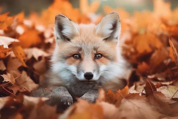 Red fox runs through the orange autumn leaves in forest AI