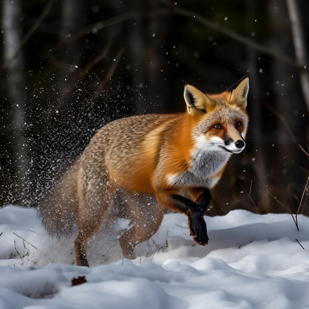 A red fox runs through the snow with the snow on the ground.