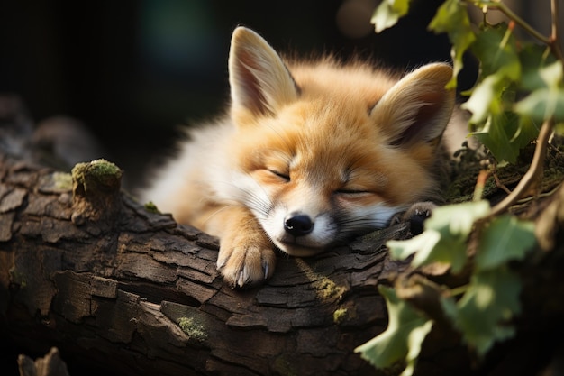 A red fox sleeping in the forest