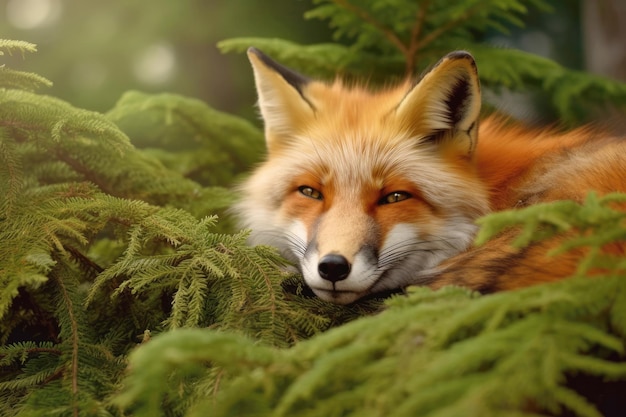 Red fox sleeping in a summer forest Generative AI