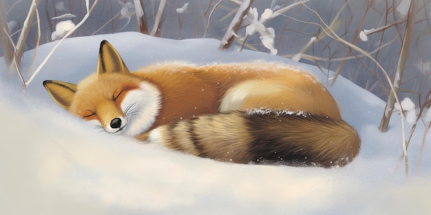 A red fox sleeps in the snow.