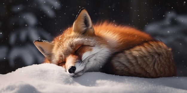 A red fox sleeps in the snow