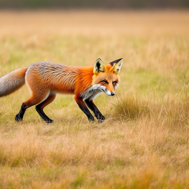 Photo red fox sneaking on dry grassland in autumn nature ai generated