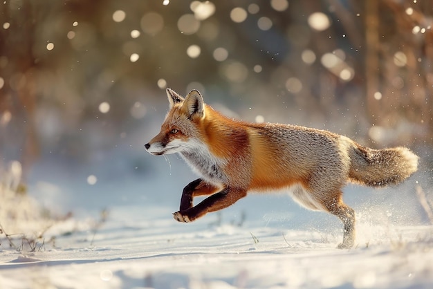 Red fox in the snow running through deep snow hunting jumping Wildlife scene from nature