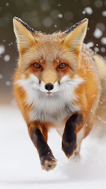 雪の中の赤いキツネは深い雪を駆け抜け狩りジャンプ自然から野生動物のシーン