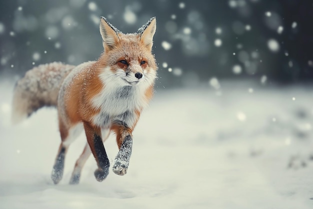 雪の中の赤いキツネは深い雪を駆け抜け狩りジャンプ自然から野生動物のシーン